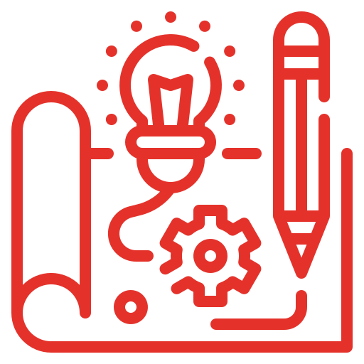 Red line icon of a blueprint with a light bulb, gear, and pencil representing design and planning.