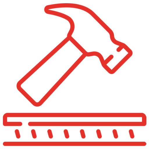 Red line icon of a hammer striking a surface, symbolizing construction or building work.