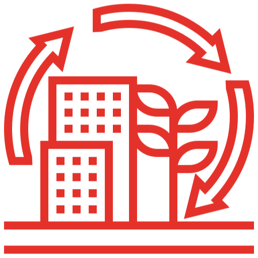 Red line icon of buildings with a plant and circular arrows, representing sustainable construction or eco-friendly growth.