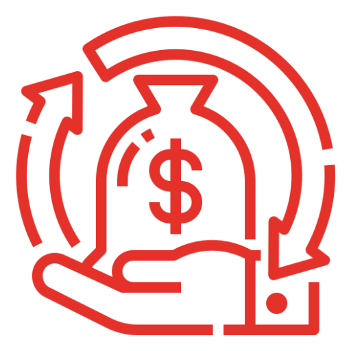 Red line icon of a hand holding a money bag with a dollar sign and circular arrows around it, symbolizing savings or investment.