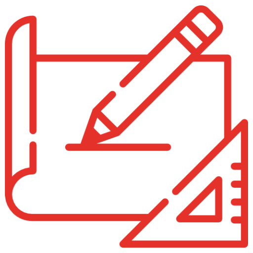 Red line icon of a blueprint with a pencil and ruler, symbolizing design and planning.