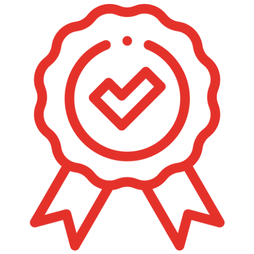 Red line icon of an award ribbon with a check mark, symbolizing quality or certification.